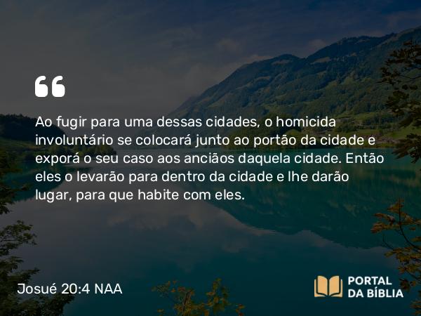 Josué 20:4 NAA - Ao fugir para uma dessas cidades, o homicida involuntário se colocará junto ao portão da cidade e exporá o seu caso aos anciãos daquela cidade. Então eles o levarão para dentro da cidade e lhe darão lugar, para que habite com eles.