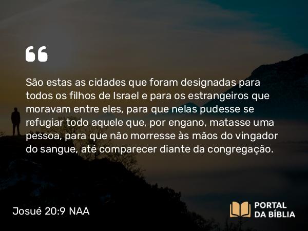 Josué 20:9 NAA - São estas as cidades que foram designadas para todos os filhos de Israel e para os estrangeiros que moravam entre eles, para que nelas pudesse se refugiar todo aquele que, por engano, matasse uma pessoa, para que não morresse às mãos do vingador do sangue, até comparecer diante da congregação.