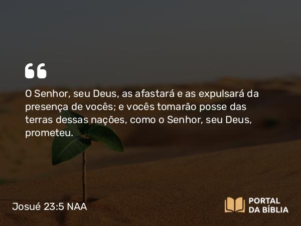 Josué 23:5 NAA - O Senhor, seu Deus, as afastará e as expulsará da presença de vocês; e vocês tomarão posse das terras dessas nações, como o Senhor, seu Deus, prometeu.