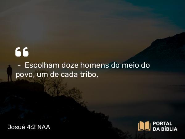 Josué 4:2 NAA - — Escolham doze homens do meio do povo, um de cada tribo,