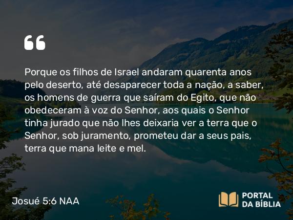 Josué 5:6 NAA - Porque os filhos de Israel andaram quarenta anos pelo deserto, até desaparecer toda a nação, a saber, os homens de guerra que saíram do Egito, que não obedeceram à voz do Senhor, aos quais o Senhor tinha jurado que não lhes deixaria ver a terra que o Senhor, sob juramento, prometeu dar a seus pais, terra que mana leite e mel.