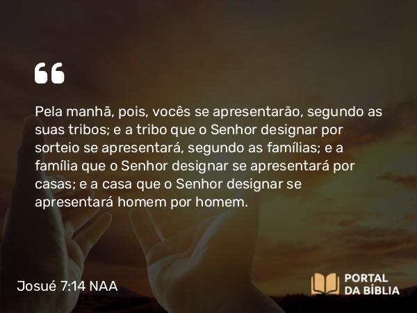 Josué 7:14 NAA - Pela manhã, pois, vocês se apresentarão, segundo as suas tribos; e a tribo que o Senhor designar por sorteio se apresentará, segundo as famílias; e a família que o Senhor designar se apresentará por casas; e a casa que o Senhor designar se apresentará homem por homem.