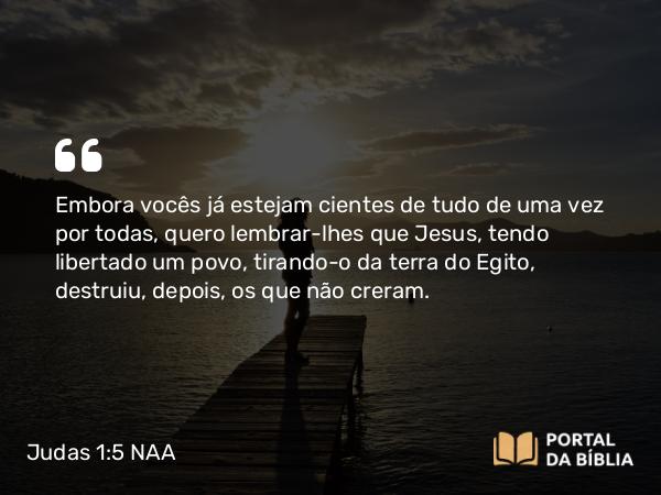 Judas 1:5 NAA - Embora vocês já estejam cientes de tudo de uma vez por todas, quero lembrar-lhes que Jesus, tendo libertado um povo, tirando-o da terra do Egito, destruiu, depois, os que não creram.