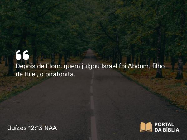 Juízes 12:13 NAA - Depois de Elom, quem julgou Israel foi Abdom, filho de Hilel, o piratonita.