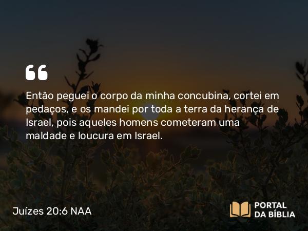 Juízes 20:6 NAA - Então peguei o corpo da minha concubina, cortei em pedaços, e os mandei por toda a terra da herança de Israel, pois aqueles homens cometeram uma maldade e loucura em Israel.