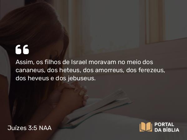 Juízes 3:5-6 NAA - Assim, os filhos de Israel moravam no meio dos cananeus, dos heteus, dos amorreus, dos ferezeus, dos heveus e dos jebuseus.