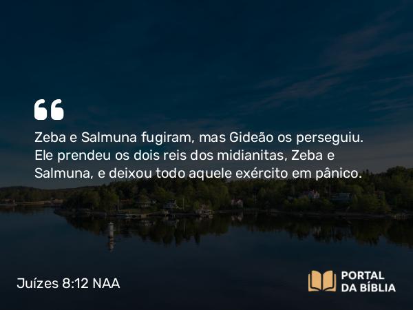 Juízes 8:12 NAA - Zeba e Salmuna fugiram, mas Gideão os perseguiu. Ele prendeu os dois reis dos midianitas, Zeba e Salmuna, e deixou todo aquele exército em pânico.