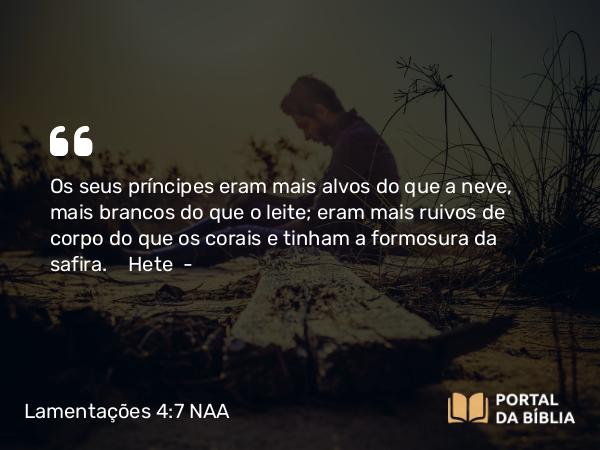 Lamentações 4:7 NAA - Os seus príncipes eram mais alvos do que a neve, mais brancos do que o leite; eram mais ruivos de corpo do que os corais e tinham a formosura da safira. Hete —