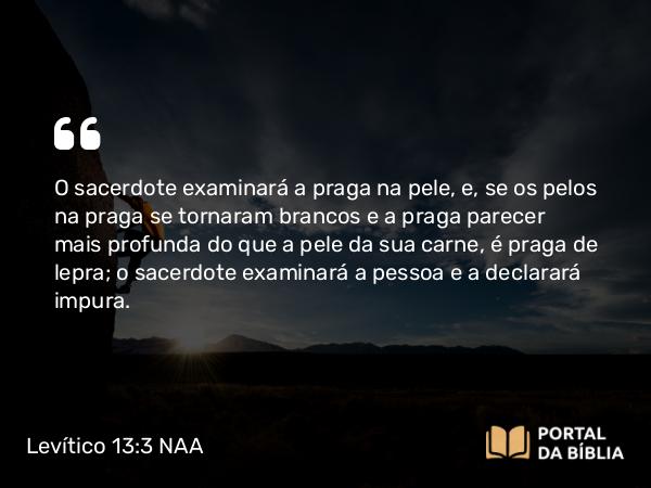 Levítico 13:3 NAA - O sacerdote examinará a praga na pele, e, se os pelos na praga se tornaram brancos e a praga parecer mais profunda do que a pele da sua carne, é praga de lepra; o sacerdote examinará a pessoa e a declarará impura.