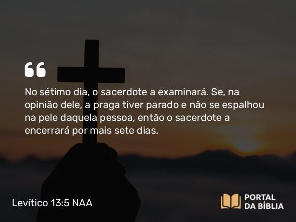 Levítico 13:5 NAA - No sétimo dia, o sacerdote a examinará. Se, na opinião dele, a praga tiver parado e não se espalhou na pele daquela pessoa, então o sacerdote a encerrará por mais sete dias.