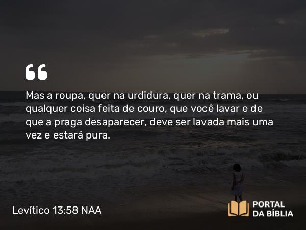 Levítico 13:58 NAA - Mas a roupa, quer na urdidura, quer na trama, ou qualquer coisa feita de couro, que você lavar e de que a praga desaparecer, deve ser lavada mais uma vez e estará pura.