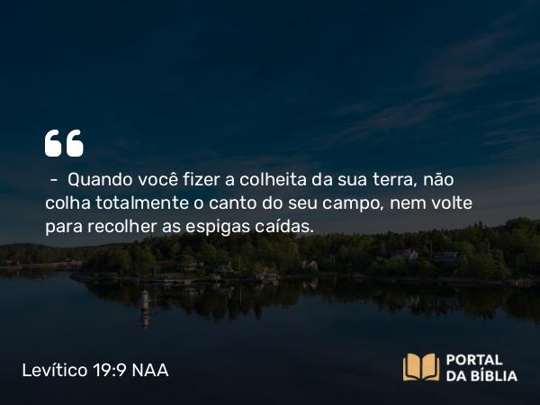 Levítico 19:9-10 NAA - — Quando você fizer a colheita da sua terra, não colha totalmente o canto do seu campo, nem volte para recolher as espigas caídas.