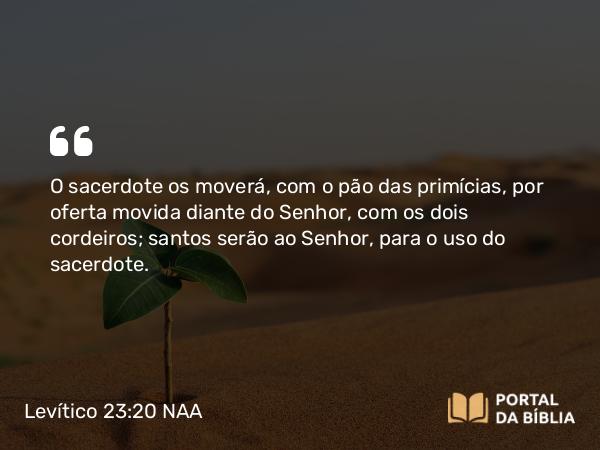 Levítico 23:20 NAA - O sacerdote os moverá, com o pão das primícias, por oferta movida diante do Senhor, com os dois cordeiros; santos serão ao Senhor, para o uso do sacerdote.