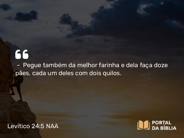 Levítico 24:5-6 NAA - — Pegue também da melhor farinha e dela faça doze pães, cada um deles com dois quilos.