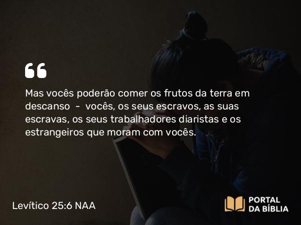 Levítico 25:6-7 NAA - Mas vocês poderão comer os frutos da terra em descanso — vocês, os seus escravos, as suas escravas, os seus trabalhadores diaristas e os estrangeiros que moram com vocês.