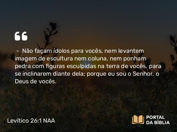 Levítico 26:1 NAA - — Não façam ídolos para vocês, nem levantem imagem de escultura nem coluna, nem ponham pedra com figuras esculpidas na terra de vocês, para se inclinarem diante dela; porque eu sou o Senhor, o Deus de vocês.