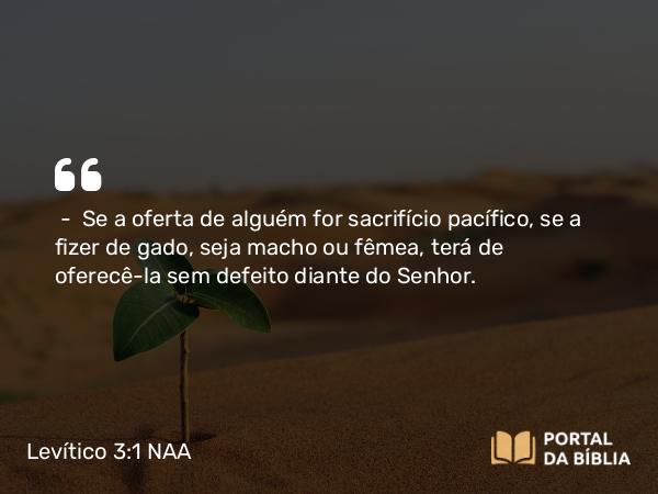 Levítico 3:1-11 NAA - — Se a oferta de alguém for sacrifício pacífico, se a fizer de gado, seja macho ou fêmea, terá de oferecê-la sem defeito diante do Senhor.