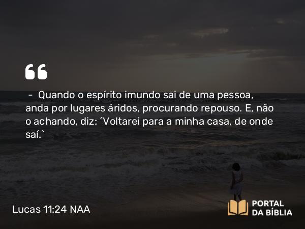 Lucas 11:24 NAA - — Quando o espírito imundo sai de uma pessoa, anda por lugares áridos, procurando repouso. E, não o achando, diz: 