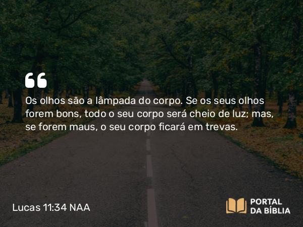 Lucas 11:34 NAA - Os olhos são a lâmpada do corpo. Se os seus olhos forem bons, todo o seu corpo será cheio de luz; mas, se forem maus, o seu corpo ficará em trevas.