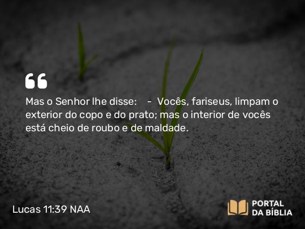 Lucas 11:39-41 NAA - Mas o Senhor lhe disse: — Vocês, fariseus, limpam o exterior do copo e do prato; mas o interior de vocês está cheio de roubo e de maldade.