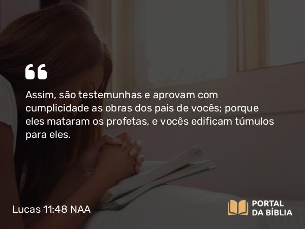 Lucas 11:48 NAA - Assim, são testemunhas e aprovam com cumplicidade as obras dos pais de vocês; porque eles mataram os profetas, e vocês edificam túmulos para eles.