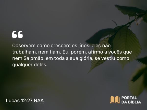 Lucas 12:27 NAA - Observem como crescem os lírios: eles não trabalham, nem fiam. Eu, porém, afirmo a vocês que nem Salomão, em toda a sua glória, se vestiu como qualquer deles.