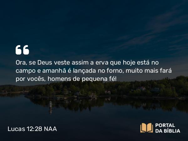 Lucas 12:28 NAA - Ora, se Deus veste assim a erva que hoje está no campo e amanhã é lançada no forno, muito mais fará por vocês, homens de pequena fé!