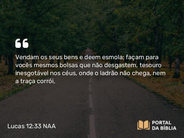 Lucas 12:33 NAA - Vendam os seus bens e deem esmola; façam para vocês mesmos bolsas que não desgastem, tesouro inesgotável nos céus, onde o ladrão não chega, nem a traça corrói,