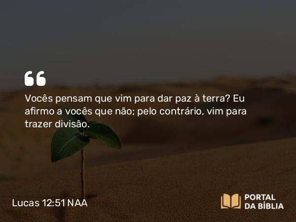 Lucas 12:51 NAA - Vocês pensam que vim para dar paz à terra? Eu afirmo a vocês que não; pelo contrário, vim para trazer divisão.