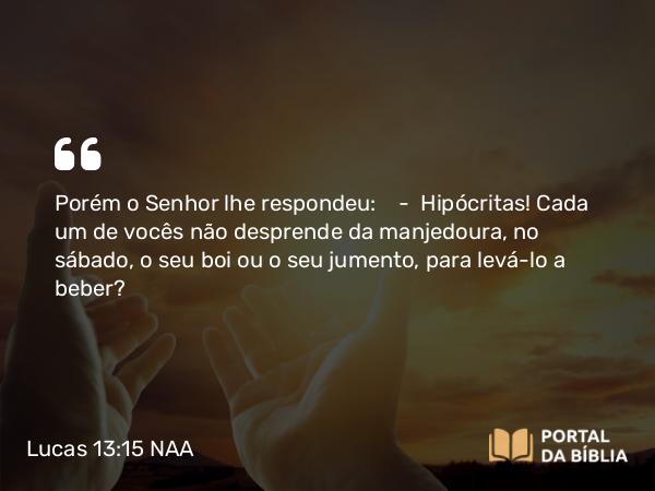 Lucas 13:15 NAA - Porém o Senhor lhe respondeu: — Hipócritas! Cada um de vocês não desprende da manjedoura, no sábado, o seu boi ou o seu jumento, para levá-lo a beber?