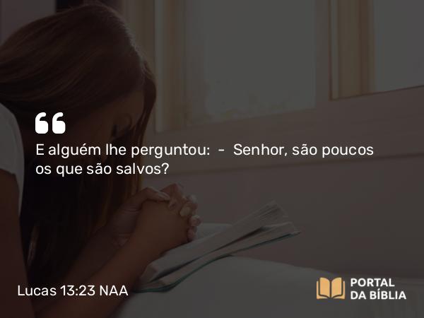 Lucas 13:23 NAA - E alguém lhe perguntou: — Senhor, são poucos os que são salvos?