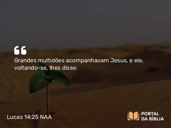 Lucas 14:25 NAA - Grandes multidões acompanhavam Jesus, e ele, voltando-se, lhes disse: