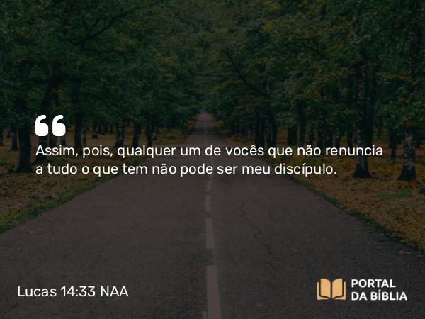 Lucas 14:33 NAA - Assim, pois, qualquer um de vocês que não renuncia a tudo o que tem não pode ser meu discípulo.