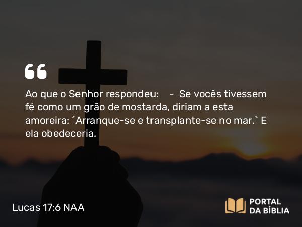 Lucas 17:6 NAA - Ao que o Senhor respondeu: — Se vocês tivessem fé como um grão de mostarda, diriam a esta amoreira: 