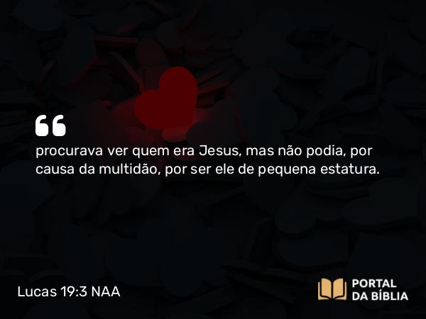 Lucas 19:3 NAA - procurava ver quem era Jesus, mas não podia, por causa da multidão, por ser ele de pequena estatura.