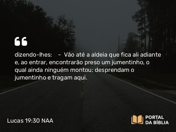 Lucas 19:30 NAA - dizendo-lhes: — Vão até a aldeia que fica ali adiante e, ao entrar, encontrarão preso um jumentinho, o qual ainda ninguém montou; desprendam o jumentinho e tragam aqui.