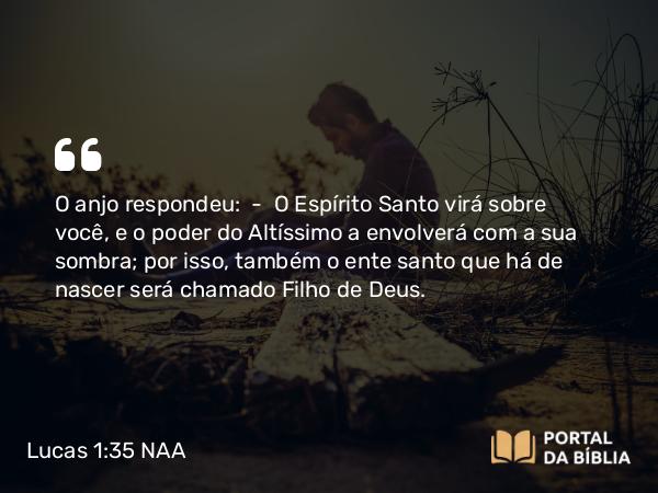 Lucas 1:35 NAA - O anjo respondeu: — O Espírito Santo virá sobre você, e o poder do Altíssimo a envolverá com a sua sombra; por isso, também o ente santo que há de nascer será chamado Filho de Deus.