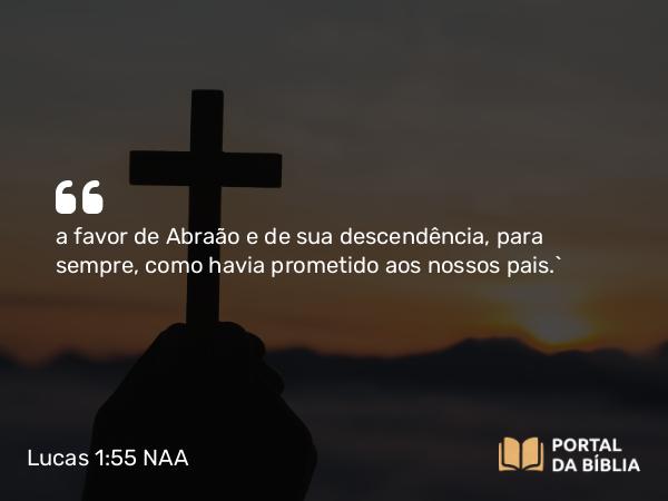 Lucas 1:55 NAA - a favor de Abraão e de sua descendência, para sempre, como havia prometido aos nossos pais.