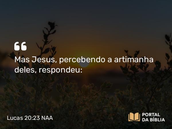 Lucas 20:23 NAA - Mas Jesus, percebendo a artimanha deles, respondeu: