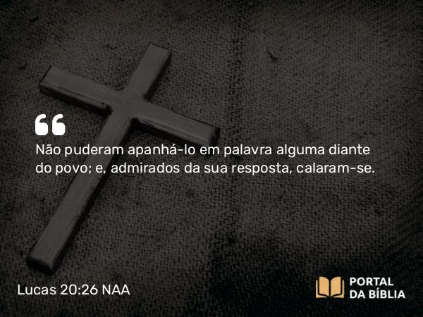 Lucas 20:26 NAA - Não puderam apanhá-lo em palavra alguma diante do povo; e, admirados da sua resposta, calaram-se.