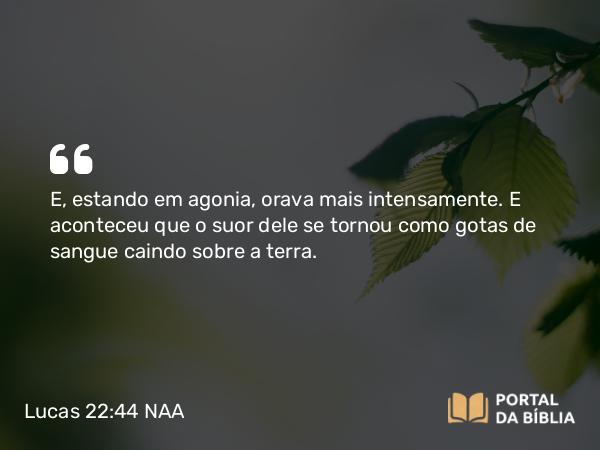 Lucas 22:44 NAA - E, estando em agonia, orava mais intensamente. E aconteceu que o suor dele se tornou como gotas de sangue caindo sobre a terra.