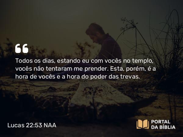 Lucas 22:53 NAA - Todos os dias, estando eu com vocês no templo, vocês não tentaram me prender. Esta, porém, é a hora de vocês e a hora do poder das trevas.