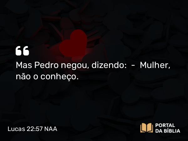 Lucas 22:57 NAA - Mas Pedro negou, dizendo: — Mulher, não o conheço.