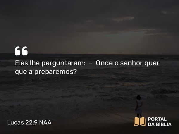 Lucas 22:9 NAA - Eles lhe perguntaram: — Onde o senhor quer que a preparemos?