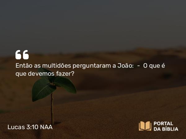 Lucas 3:10 NAA - Então as multidões perguntaram a João: — O que é que devemos fazer?