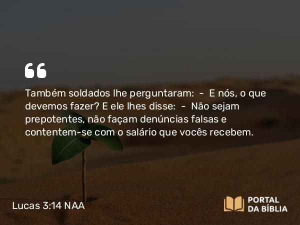 Lucas 3:14 NAA - Também soldados lhe perguntaram: — E nós, o que devemos fazer? E ele lhes disse: — Não sejam prepotentes, não façam denúncias falsas e contentem-se com o salário que vocês recebem.