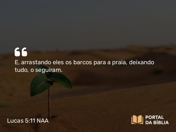 Lucas 5:11 NAA - E, arrastando eles os barcos para a praia, deixando tudo, o seguiram.