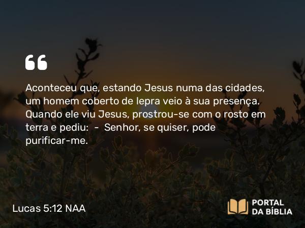 Lucas 5:12-14 NAA - Aconteceu que, estando Jesus numa das cidades, um homem coberto de lepra veio à sua presença. Quando ele viu Jesus, prostrou-se com o rosto em terra e pediu: — Senhor, se quiser, pode purificar-me.