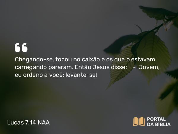 Lucas 7:14 NAA - Chegando-se, tocou no caixão e os que o estavam carregando pararam. Então Jesus disse: — Jovem, eu ordeno a você: levante-se!