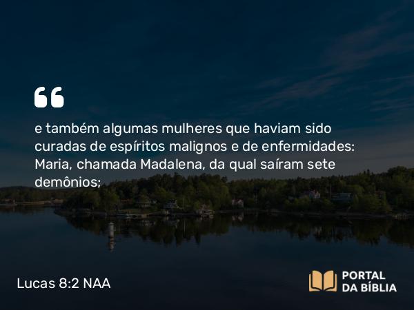 Lucas 8:2-3 NAA - e também algumas mulheres que haviam sido curadas de espíritos malignos e de enfermidades: Maria, chamada Madalena, da qual saíram sete demônios;